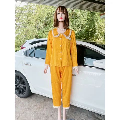 ĐỒ BỘ PIJAMA LỤA XƯỚC TAY DÀI TIỂU THƯ  Giá 190k Hàng có sẵn giao ngay Màu vàng Quần có 2 túi