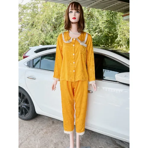 ĐỒ BỘ PIJAMA LỤA XƯỚC TAY DÀI TIỂU THƯ  Giá 190k Hàng có sẵn giao ngay Màu vàng Quần có 2 túi