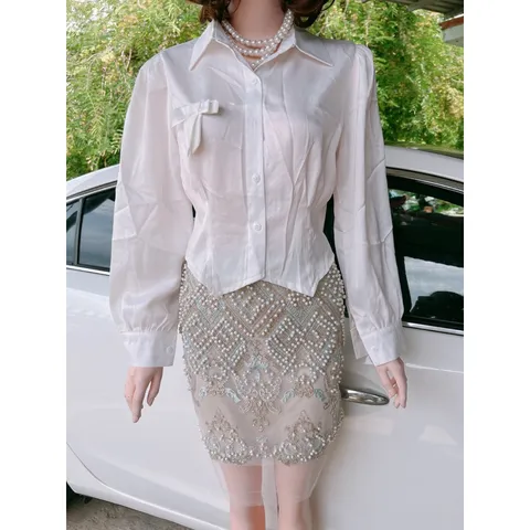 Set gồm áo sơ mi + chân váy đính ngọc Giá 290k/ cả set Hàng có sẵn giao ngay SM