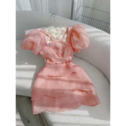 ĐẦM CỔ YẾM TẦNG BÈO TƠ HỒNG ĐÍNH HOA TAY PHỒNG Giá 390k Hàng có sẵn giao ngay