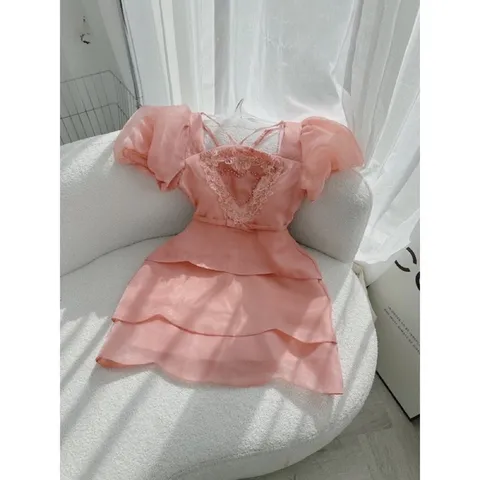 ĐẦM CỔ YẾM TẦNG BÈO TƠ HỒNG ĐÍNH HOA TAY PHỒNG Giá 390k Hàng có sẵn giao ngay