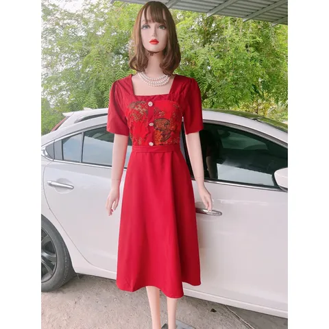 Đầm Họa Tiết Sang Trọng Đi Làm Đi Tiệc siêu đẹp Giá 299k Hàng có sẵn giao ngay Màu đỏ đô