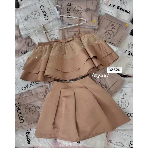 [Hình thật chụp sàn] Set áo dây xếp tầng bèo đính đá mix chân váy xòe có lót quần