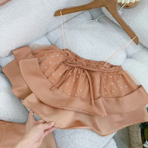 [Hình thật chụp sàn] Set áo dây xếp tầng bèo đính đá mix chân váy xòe có lót quần