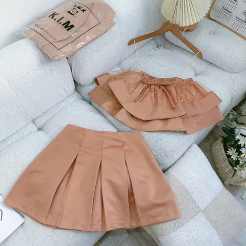 [Hình thật chụp sàn] Set áo dây xếp tầng bèo đính đá mix chân váy xòe có lót quần