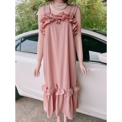 Đầm bèo 2 dây  đầm maxi nữ suông 2 dây bản to phối bèo Giá 290k Hàng có sẵn giao ngay Màu xanh mint + màu hồng phấn