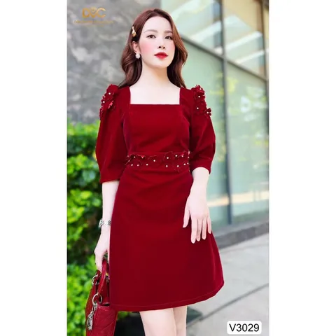 Đầm  NHUNG ĐỎ TAY LỠ CỔ VUÔNG ĐÍNH HOA NỔI THIẾT KẾ CAO CẤP DVC Giá 330k Hàng có sẵn giao ngay