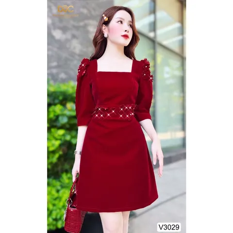 Đầm  NHUNG ĐỎ TAY LỠ CỔ VUÔNG ĐÍNH HOA NỔI THIẾT KẾ CAO CẤP DVC Giá 330k Hàng có sẵn giao ngay