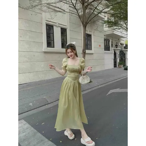 Đầm thời trang nữ, đầm dài maxi ánh nhũ cổ vuông tay bồng nút bọc cực dễ thương cho các nàng bánh bèo đi chơi
