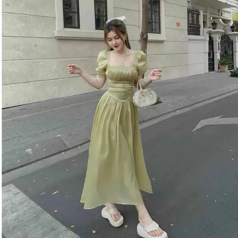 Đầm thời trang nữ, đầm dài maxi ánh nhũ cổ vuông tay bồng nút bọc cực dễ thương cho các nàng bánh bèo đi chơi