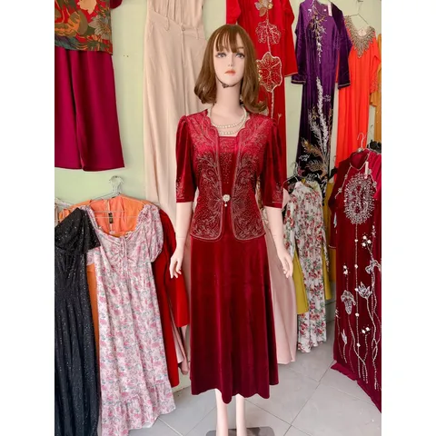 Đầm trung niên dạ hội nhung 7 biên chính phẩm thiết kế giả vest giấu bụng tôn dáng,ép đá cao cấp sang trọng big size
