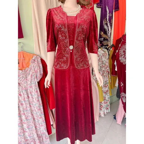 Đầm trung niên dạ hội nhung 7 biên chính phẩm thiết kế giả vest giấu bụng tôn dáng,ép đá cao cấp sang trọng big size