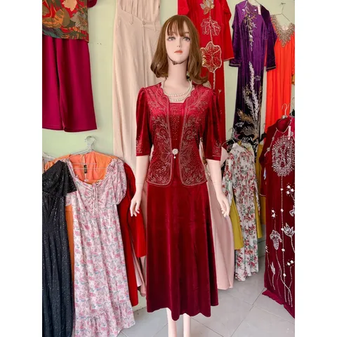 Đầm trung niên dạ hội nhung 7 biên chính phẩm thiết kế giả vest giấu bụng tôn dáng,ép đá cao cấp sang trọng big size