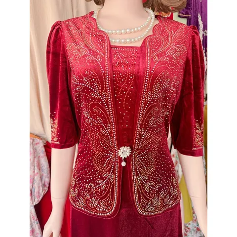 Đầm trung niên dạ hội nhung 7 biên chính phẩm thiết kế giả vest giấu bụng tôn dáng,ép đá cao cấp sang trọng big size