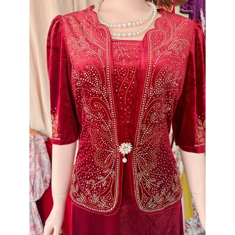 Đầm trung niên dạ hội nhung 7 biên chính phẩm thiết kế giả vest giấu bụng tôn dáng,ép đá cao cấp sang trọng big size