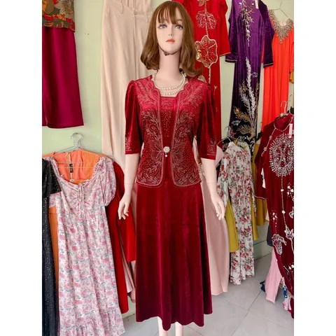 Đầm trung niên dạ hội nhung 7 biên chính phẩm thiết kế giả vest giấu bụng tôn dáng,ép đá cao cấp sang trọng big size