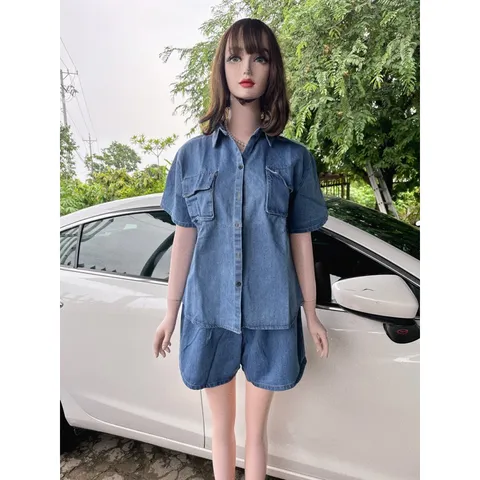 Set jeans Bộ áo tay ngắn Quần đùi 2 túi chất vải jeans cao cấp  Hàng có sẵn giao ngay  Eo bo chun co giãn dễ mặc