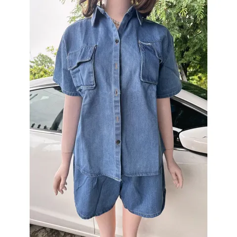 Set jeans Bộ áo tay ngắn Quần đùi 2 túi chất vải jeans cao cấp  Hàng có sẵn giao ngay  Eo bo chun co giãn dễ mặc
