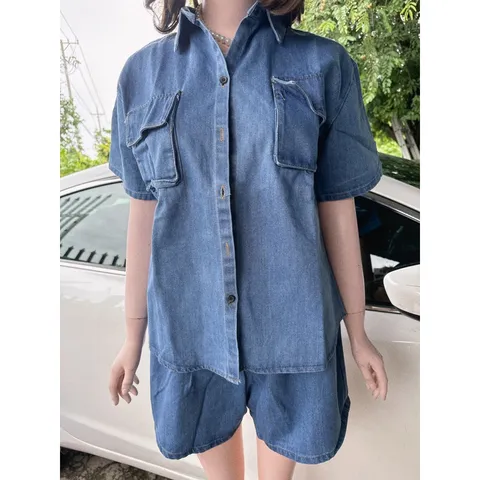 Set jeans Bộ áo tay ngắn Quần đùi 2 túi chất vải jeans cao cấp  Hàng có sẵn giao ngay  Eo bo chun co giãn dễ mặc
