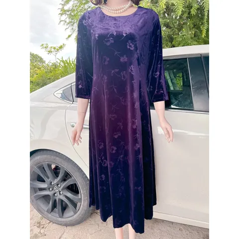 Đầm Midi in hình cổ điển sành điệu, tay lỡ Hàng có sẵn giao ngay  Giá 350k Chất liệu Nhung tuyết siêu đẹp, co giãn