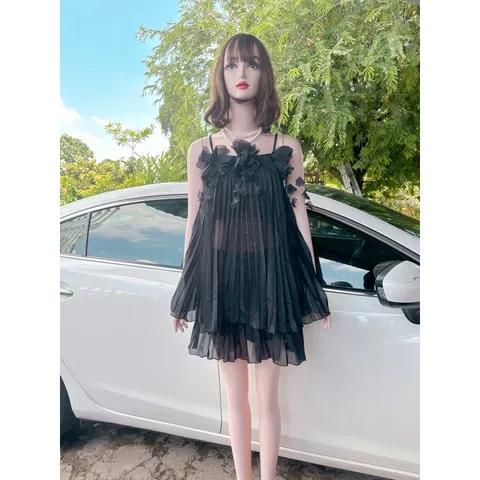 Set voan tơ 2 dây kèm chân váy quần dập ly xinh xắn Màu đen S xinh yêu cho các chị em, hàng QP chuẩn đủ tag mác luôn ạ