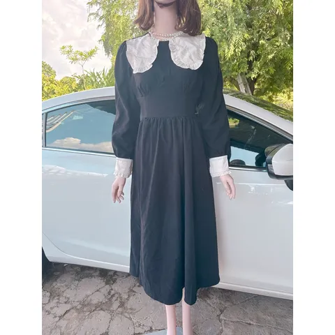 Đầm nhung tăm cổ bèo phối Hàng có sẵn giao ngay M Giá 290k Hàng chính chủ My Bông Màu đen, có dây buộc eo