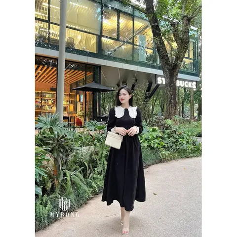 Đầm nhung tăm cổ bèo phối Hàng có sẵn giao ngay M Giá 290k Hàng chính chủ My Bông Màu đen, có dây buộc eo