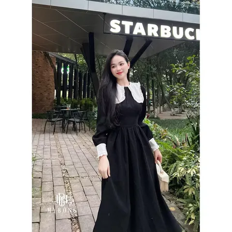 Đầm nhung tăm cổ bèo phối Hàng có sẵn giao ngay M Giá 290k Hàng chính chủ My Bông Màu đen, có dây buộc eo