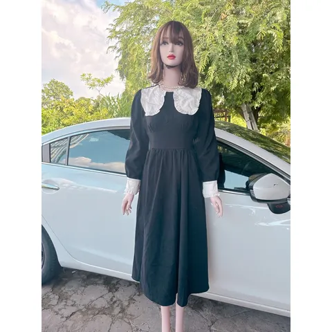 Đầm nhung tăm cổ bèo phối Hàng có sẵn giao ngay M Giá 290k Hàng chính chủ My Bông Màu đen, có dây buộc eo