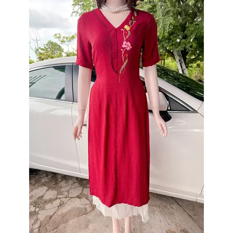 Set áo dài thêu hoa An Thuỷ + chân váy kem eo bo chun co giãn dễ mặc  Hàng có sẵn giao ngay  Giá 290k/ cả set