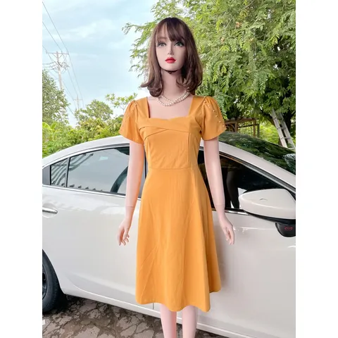 Đầm Xòe Thiết Kế Cổ Vuông Đính Ngọc Phong Cách Sang Trọng Hàng có sẵn giao ngay  Đủ size tới 70kg Chất liệu thun umi