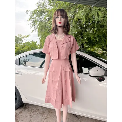 SET ÁO CỔ VEST KÈM ĐẦM 2 DÂY MIDI eo dáng xoè đi tiệc đi chơi đi làm Hàng có sẵn giao ngay  Giá 290k/ cả set