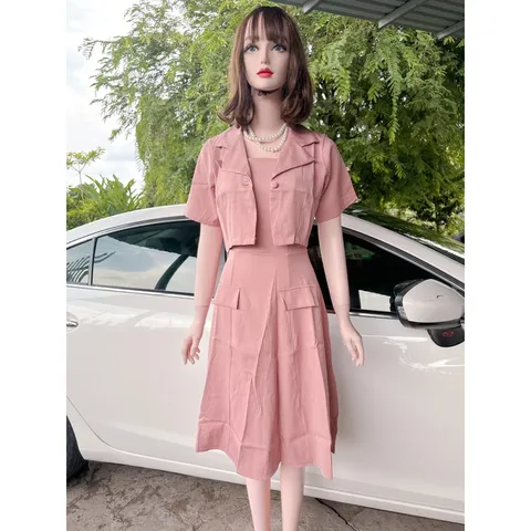 SET ÁO CỔ VEST KÈM ĐẦM 2 DÂY MIDI eo dáng xoè đi tiệc đi chơi đi làm Hàng có sẵn giao ngay  Giá 290k/ cả set