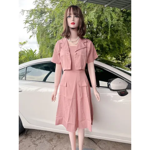 SET ÁO CỔ VEST KÈM ĐẦM 2 DÂY MIDI eo dáng xoè đi tiệc đi chơi đi làm Hàng có sẵn giao ngay  Giá 290k/ cả set