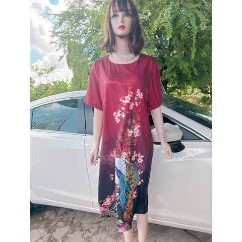 Đầm Trung Niên form Suông A Che Bụng - Vải Lụa Thượng Uyển - 2 Da Sang Trọng. Size từ 48kg đến 90kg. Hàng có sẵn giao