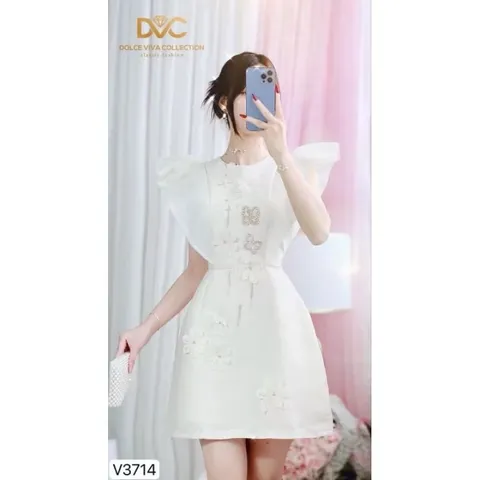 Đầm  trắng dáng xòe cổ tròn tay bèo dự tiệc  Hàng có sẵn giao ngay S Màu kem Chất liệu tapta xịn đẹp, có sẵn lót quần