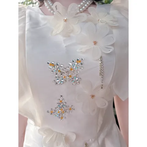 Đầm  trắng dáng xòe cổ tròn tay bèo dự tiệc  Hàng có sẵn giao ngay S Màu kem Chất liệu tapta xịn đẹp, có sẵn lót quần