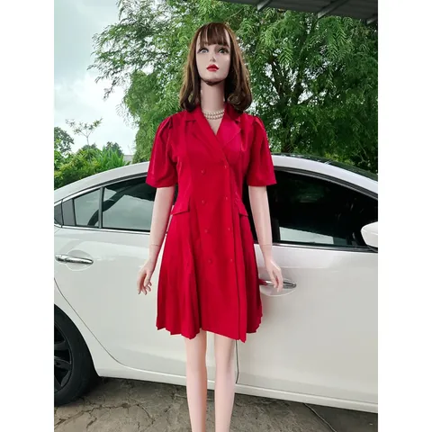 Đầm cổ vest công sở dập ly đính cúc chất tuyết mưa cao cấp phù hợp dạo phố cafe sang chảnh Giá 290k Màu kem M