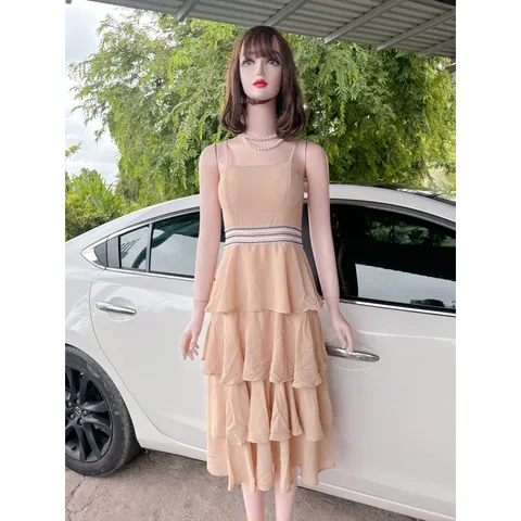 Đầm tầng 2 dây màu nude phối ren eo Hàng có sẵn giao ngay  Giá 290k Đúp lót 2 lớp, có sẵn mút ngực
