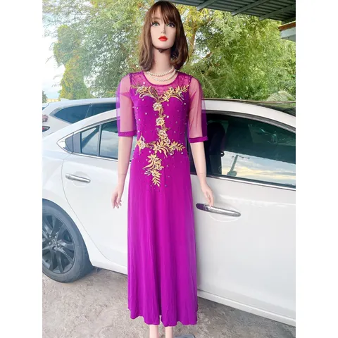 Đầm dạ hội dáng dài trung niên thêu tay cao cấp đính đá tỉ mỉ Giá 320k Chất liệu vải thun solen xịn cao cấp