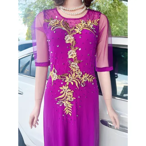 Đầm dạ hội dáng dài trung niên thêu tay cao cấp đính đá tỉ mỉ Giá 320k Chất liệu vải thun solen xịn cao cấp