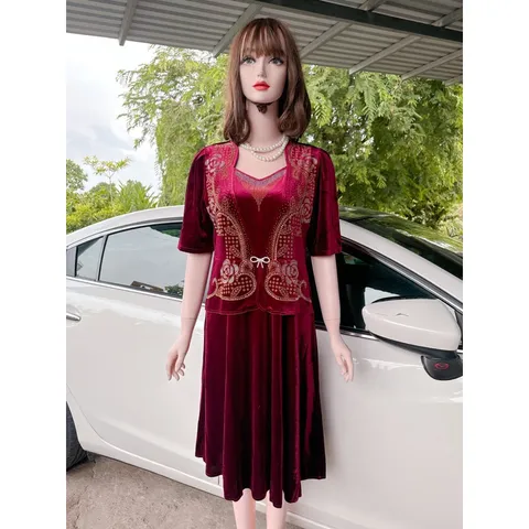 Đầm nhung trung niên đi tiệc hoa ép đá dáng vest che bụng bigsize 75kg, Đầm trung niên đi tiệc vải nhung ép đá cao cấp