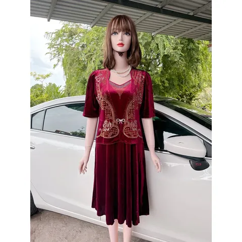 Đầm nhung trung niên đi tiệc hoa ép đá dáng vest che bụng bigsize 75kg, Đầm trung niên đi tiệc vải nhung ép đá cao cấp