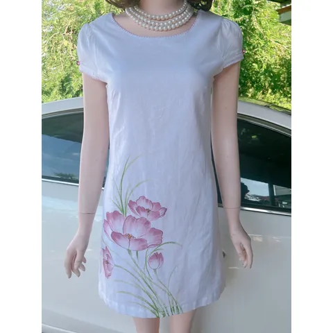 Đầm nữ cổ tròn vẽ tay in hoa thời trang Giá 250k Hàng coa sẵn giao ngay  Size SM Màu trắng Hàng vẽ tay thủ công