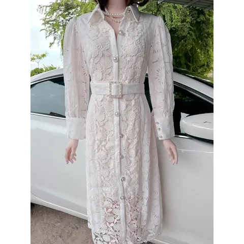 Thương Hiệu Thiết Kế Thêu Hoa Nguyên Chất Trắng Ren Dự Tiệc Áo Sơ Mi Nữ Hoa kèm Thắt Lưng  Hàng có sẵn giao ngay M S