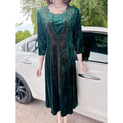 Đầm nhung tuyết cổ U ép đá thời trang trung niên cao cấp Giá 390k Hàng có sẵn giao ngay  Đủ size tới 90kg mặc đẹp