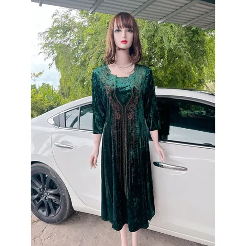 Đầm nhung tuyết cổ U ép đá thời trang trung niên cao cấp Giá 390k Hàng có sẵn giao ngay  Đủ size tới 90kg mặc đẹp