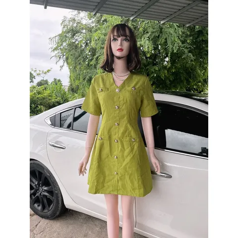 Đầm Dự Tiệc Cổ Chữ V Phối Hàng Nút Sang Chảnh Thời Trang Vintage Dành Cho Các Nàng Thơ Giá 299k