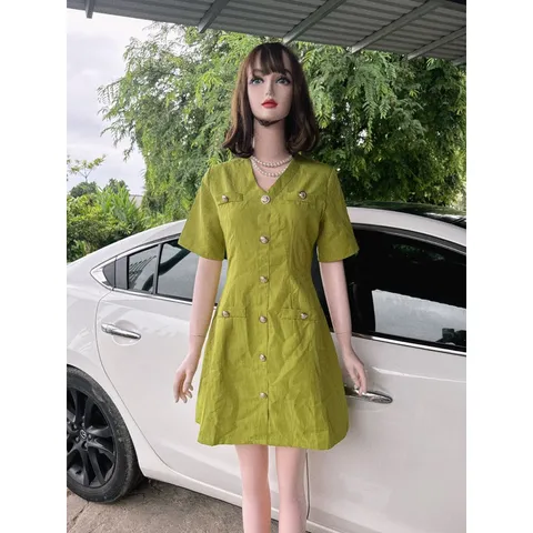 Đầm Dự Tiệc Cổ Chữ V Phối Hàng Nút Sang Chảnh Thời Trang Vintage Dành Cho Các Nàng Thơ Giá 299k