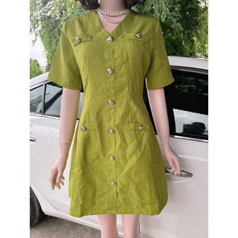 Đầm Dự Tiệc Cổ Chữ V Phối Hàng Nút Sang Chảnh Thời Trang Vintage Dành Cho Các Nàng Thơ Giá 299k